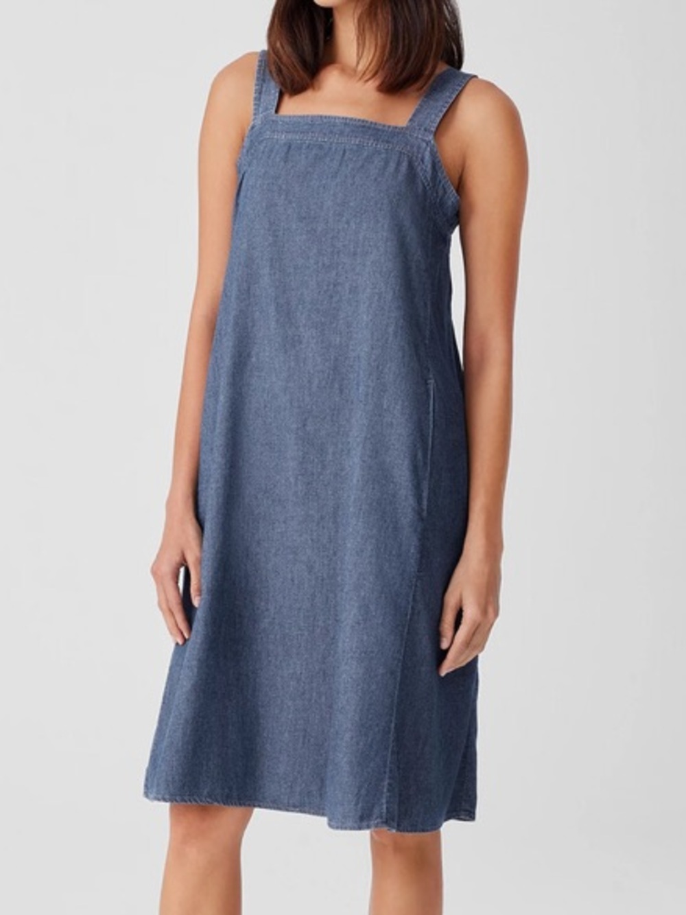 Eileen Fisher Airy Organic Cotton Twill Square Neck Dress Denim Size M